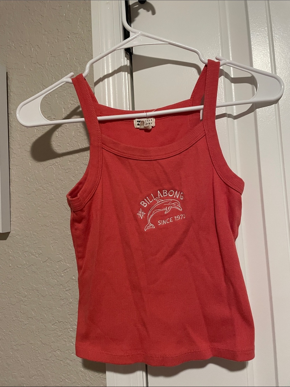 Billabong Coral Red Ribbed Tank with Dolphin Graphic